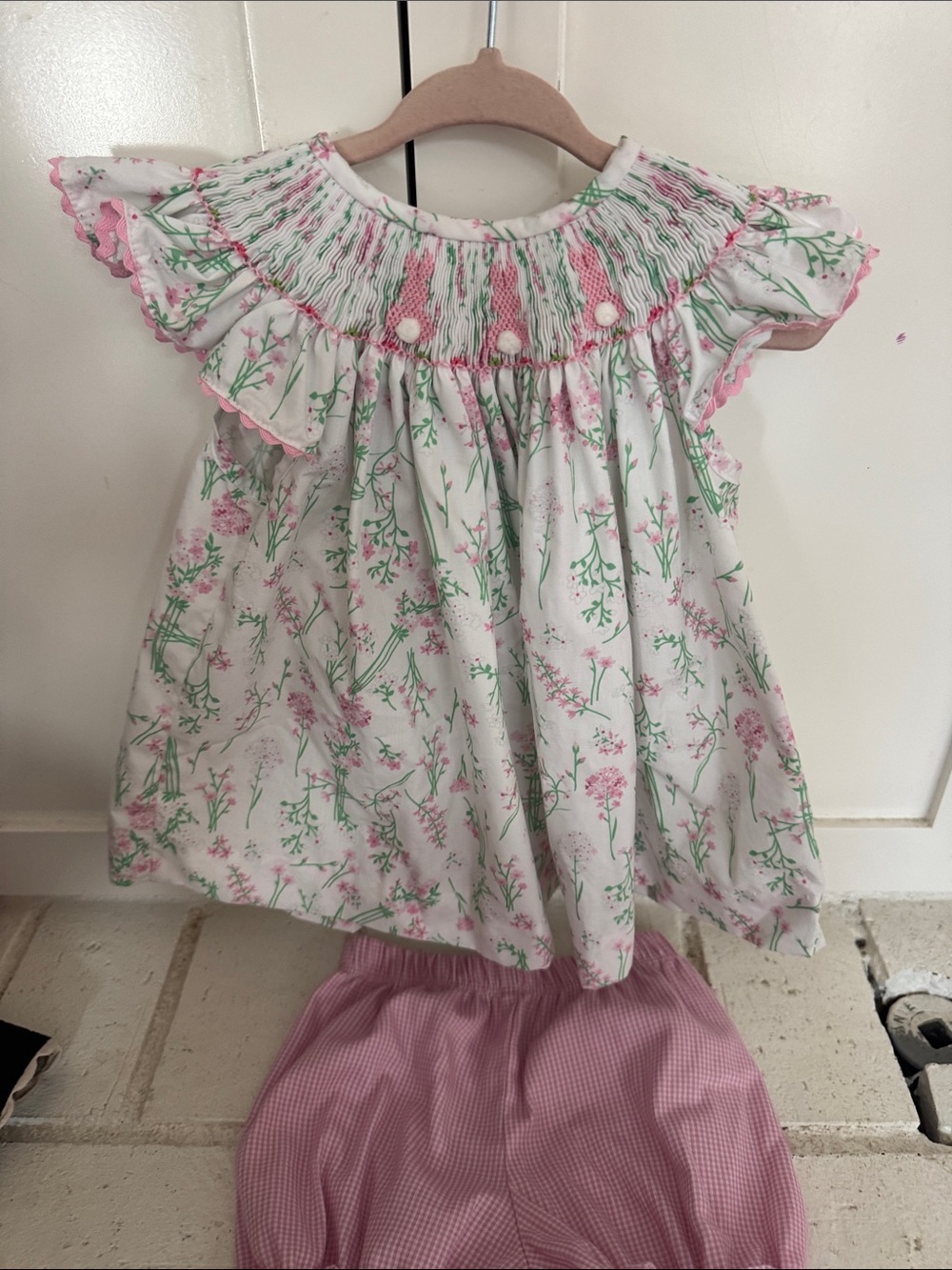 Girls White Floral Smocked Top with Pink Accents